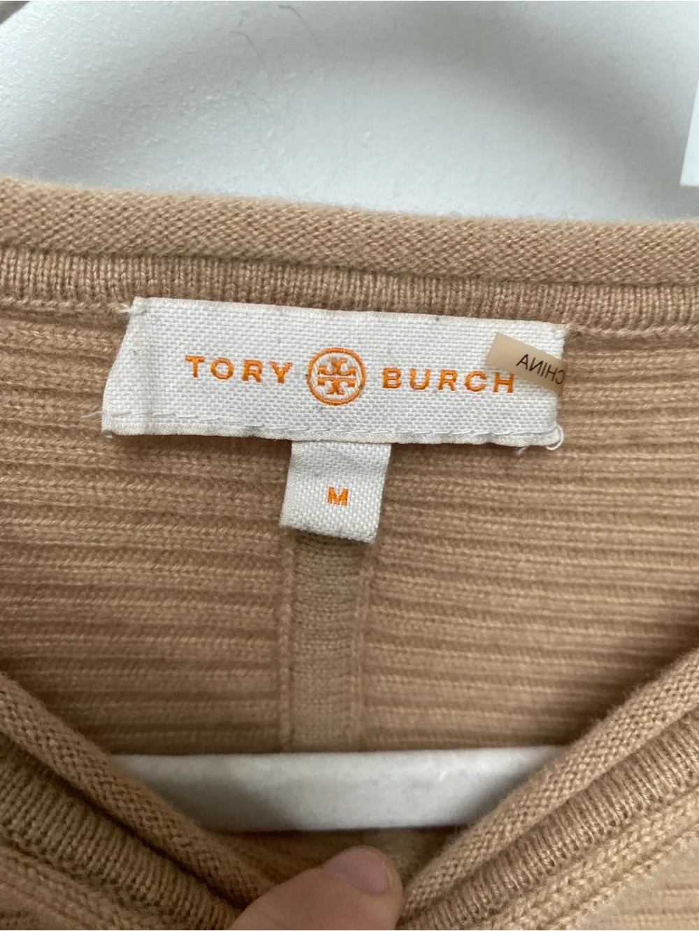 Tori Burch cashmere Rib-Panel Crewneck Sweater in camel beige